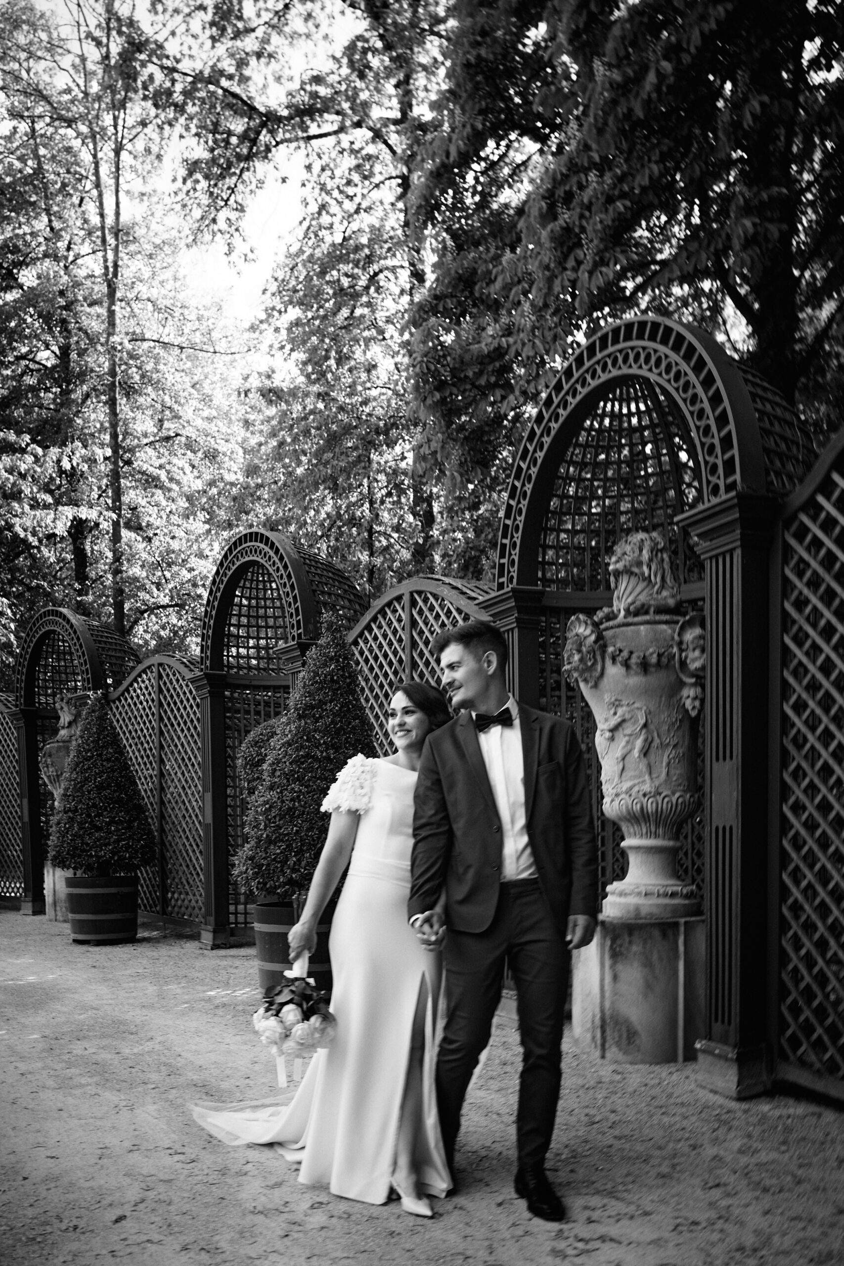 Wedding couple at the historic part at Castle Eremitage Bayreuth, Germany